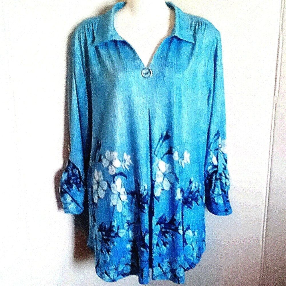 Womens VALOLIA GORGEOUS Blue Floral Long Sleeve Blouse Size XXL
